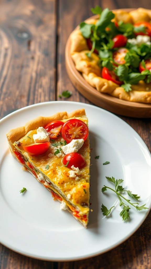 A slice of tomato and feta quiche on a plate, garnished with herbs, on a rustic wooden table.